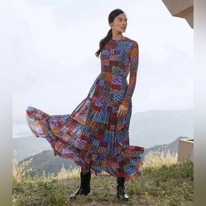 Johnny Was Jade XS Isadora Waves Mesh Midi Womens Dress Patchwork Print Tiered